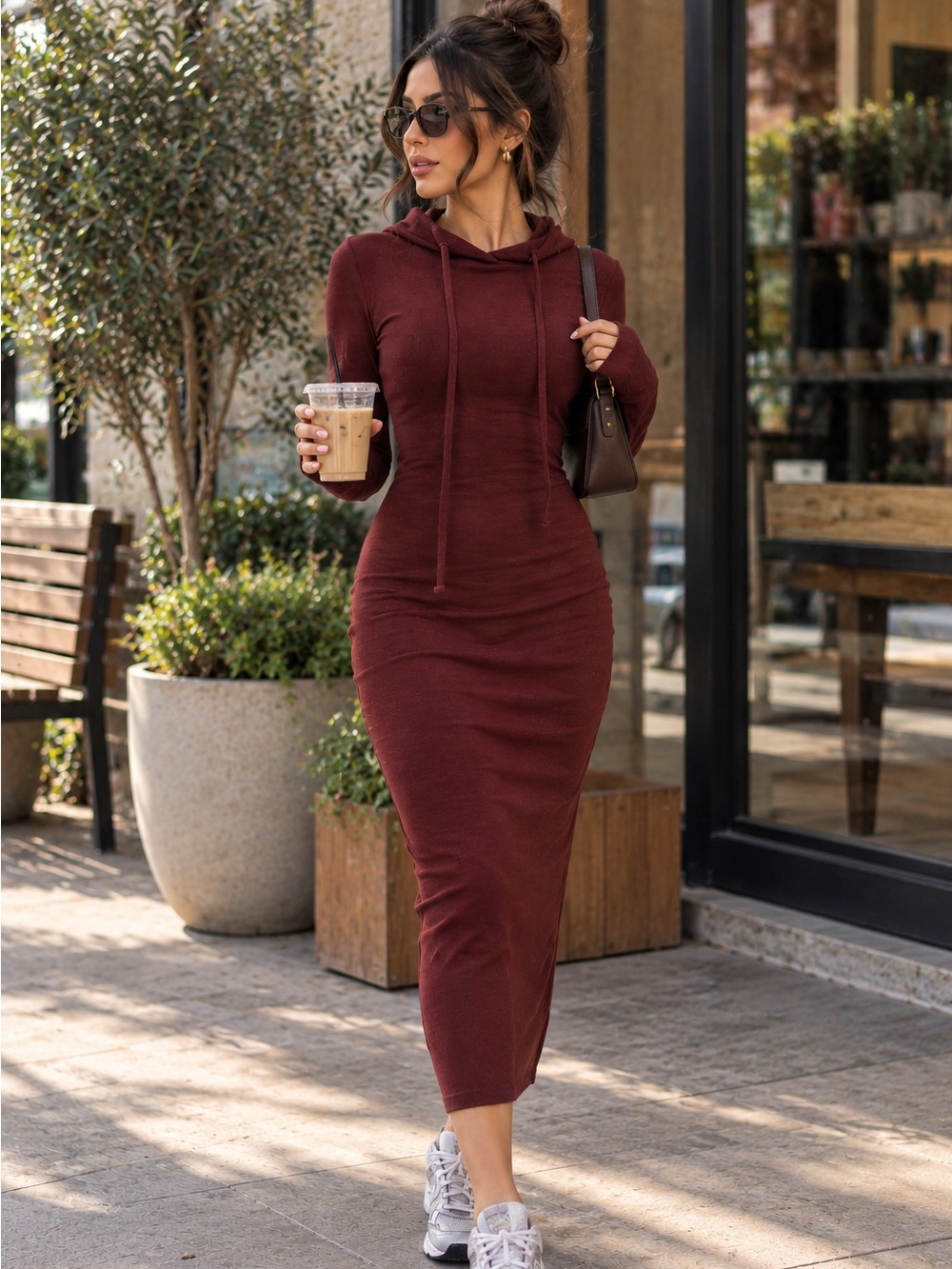COMMENSE Burgundy Drawstring Hooded Maxi Dress